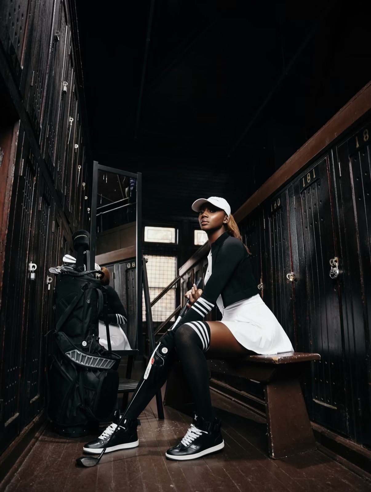 Golf apparel campaign in a vintage locker room